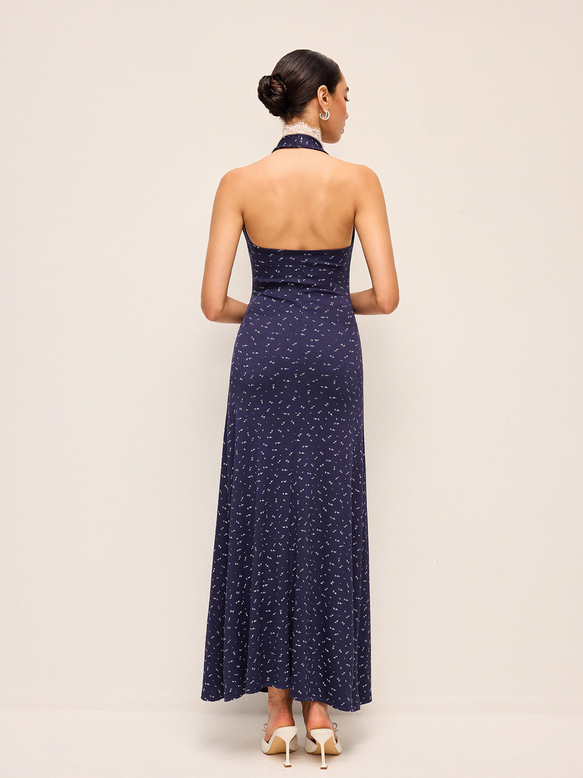 Lace Trim Halter Neck Printed Dress-Massicos