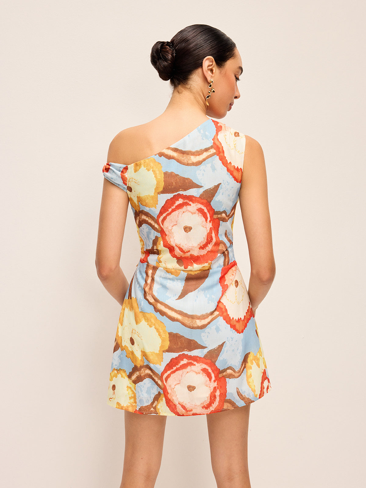 Asymmetric Neck Belted Print Dress-Massicos