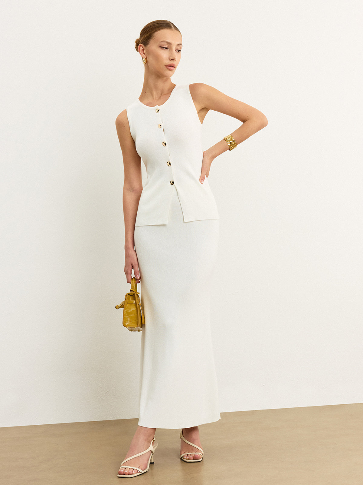 Sleeveless Button-Front Knit Skirt Set-Mesadic