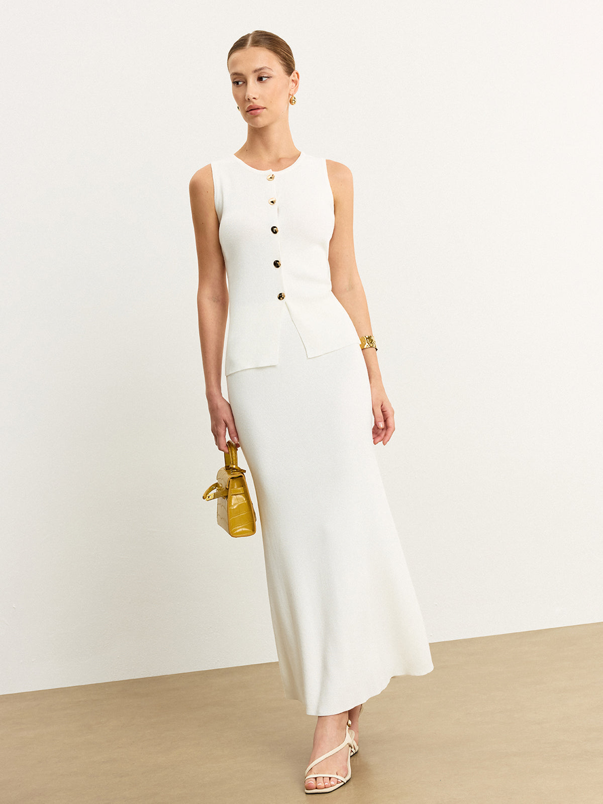 Sleeveless Button-Front Knit Skirt Set-Mesadic