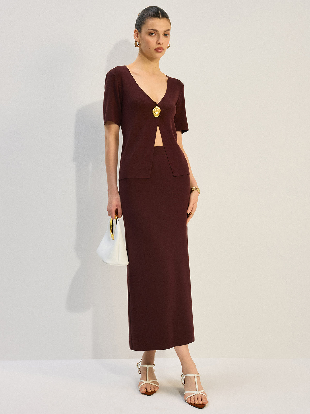 Metal Decor V-Neck Knit Co-ords Set-Massicos