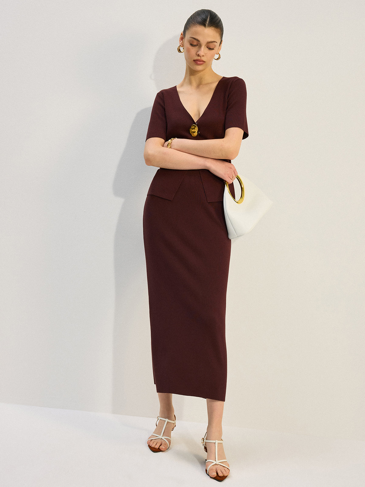 Metal Decor V-Neck Knit Co-ords Set-Massicos