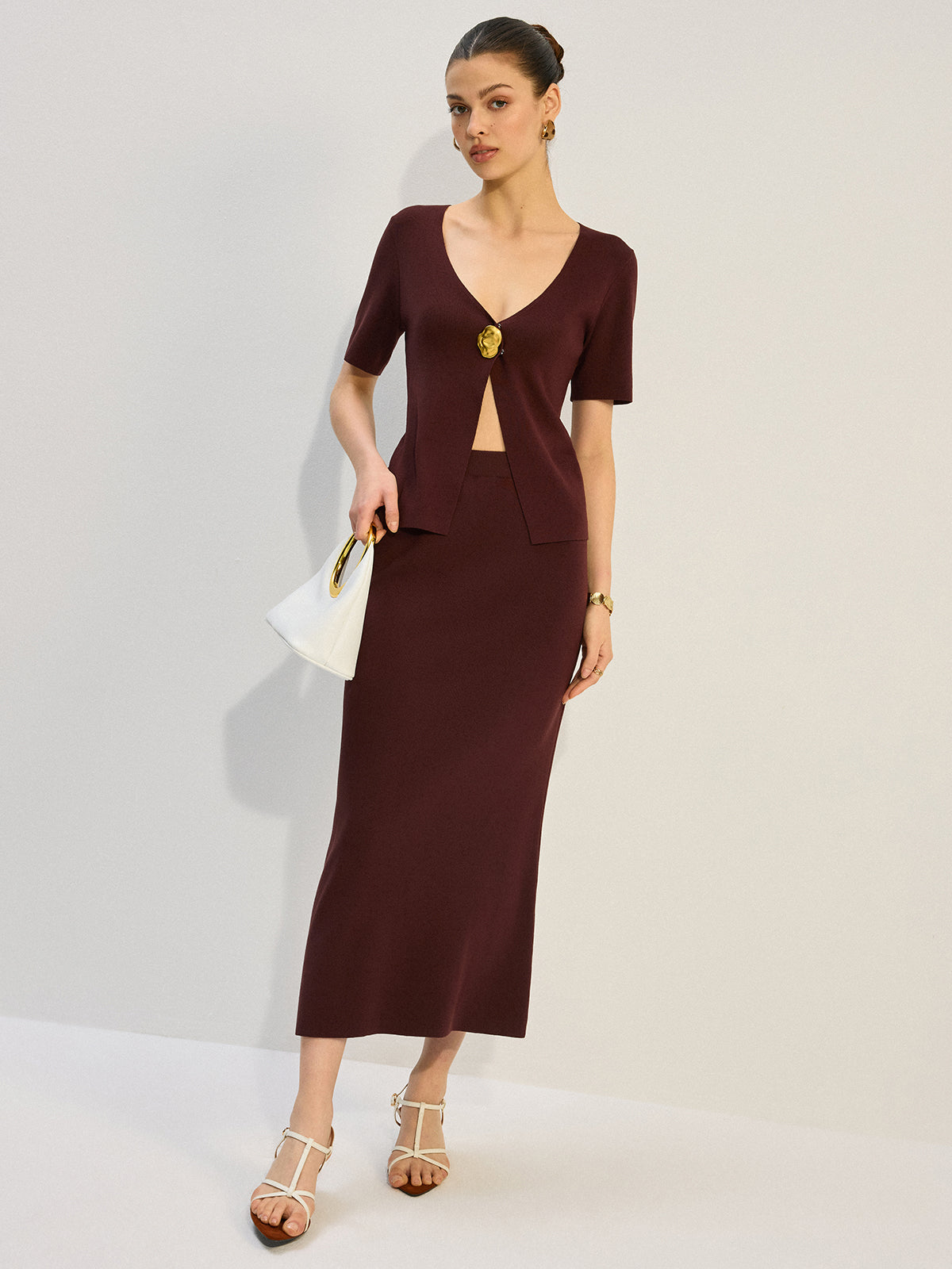 Metal Decor V-Neck Knit Co-ords Set-Massicos