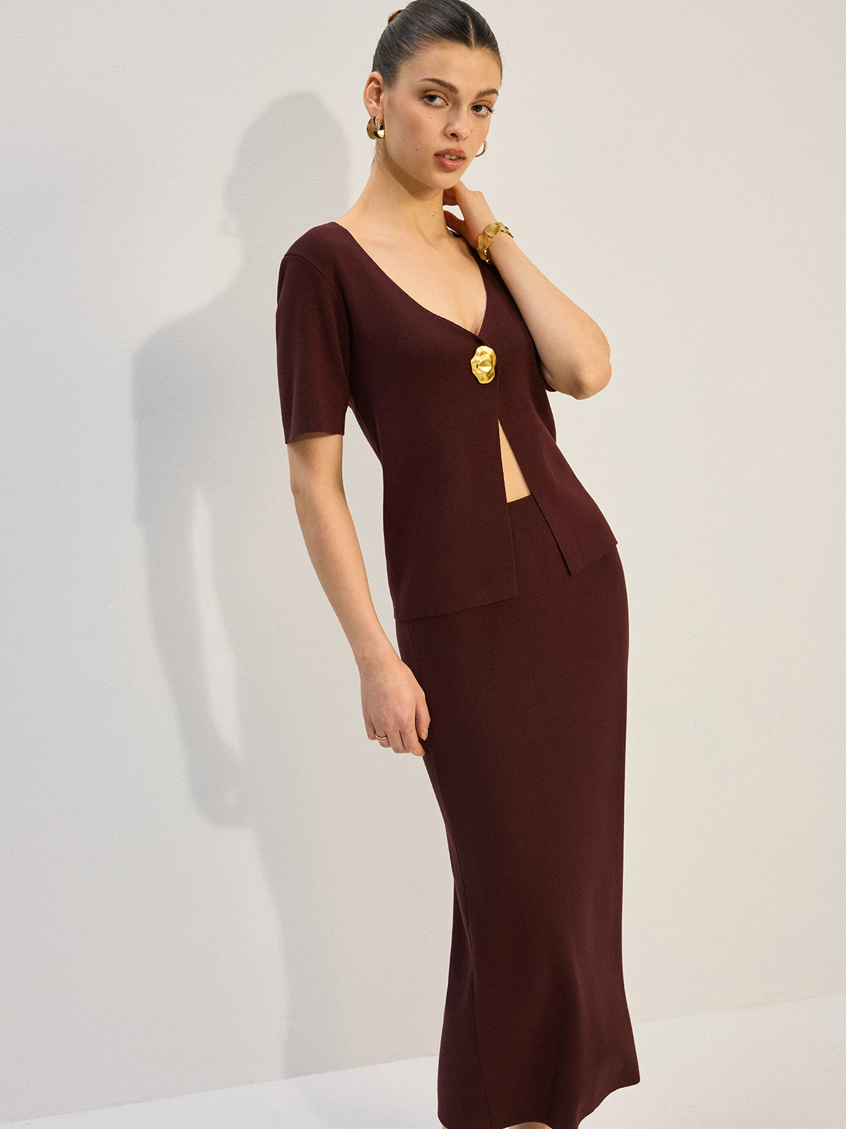 Metal Decor V-Neck Knit Co-ords Set-Massicos