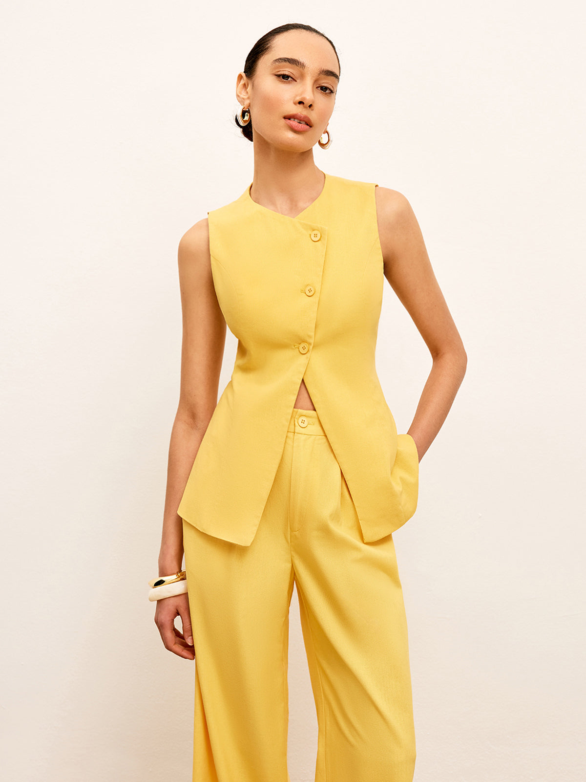 Linen & Cotton Asymmetrical Button Sleeveless Vest-Mesadic