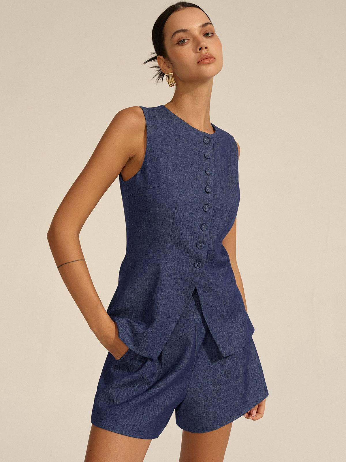 Sleeveless Button-Front Vest and Shorts Set-Mesadic