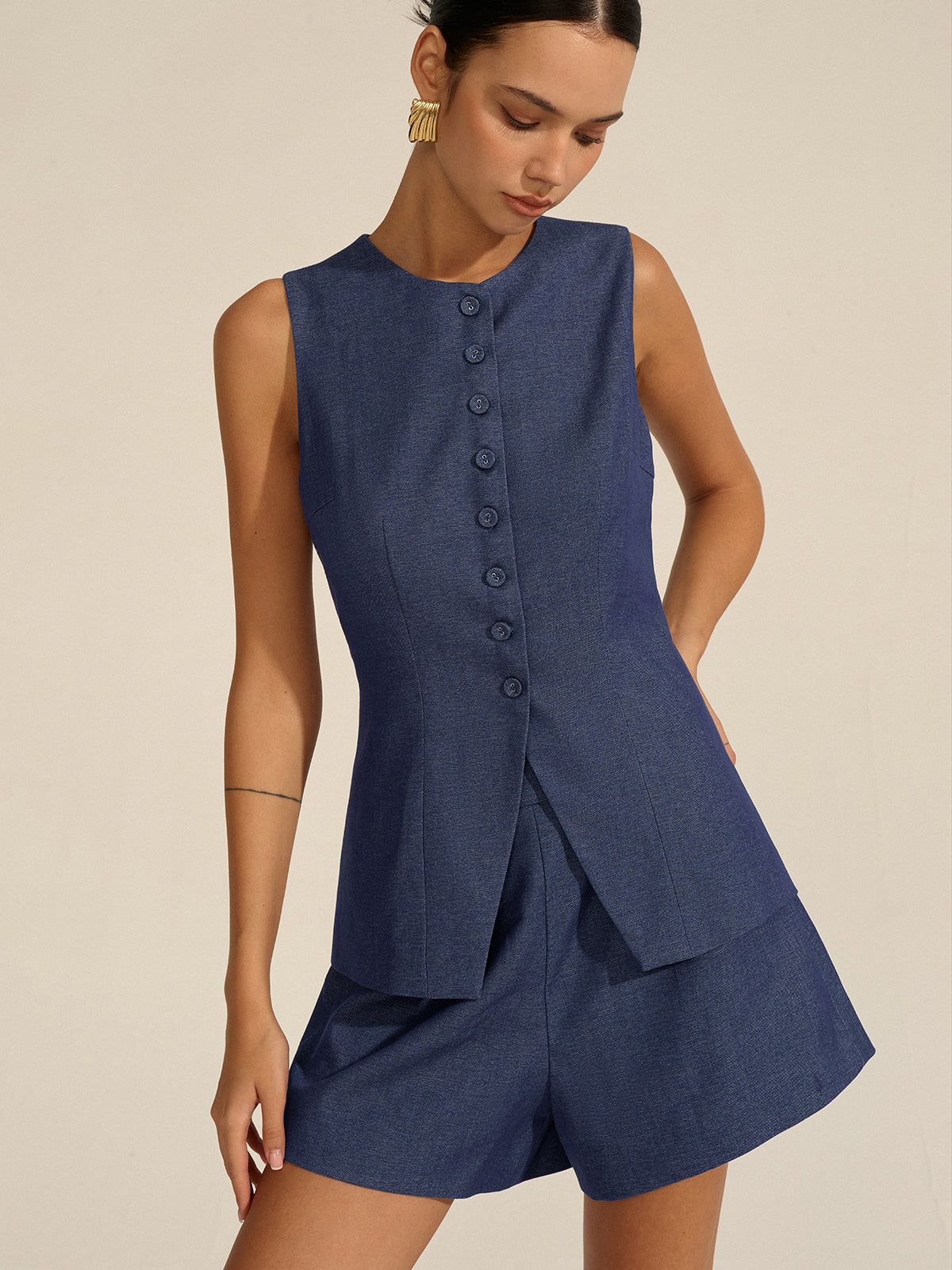 Sleeveless Button-Front Vest and Shorts Set-Mesadic