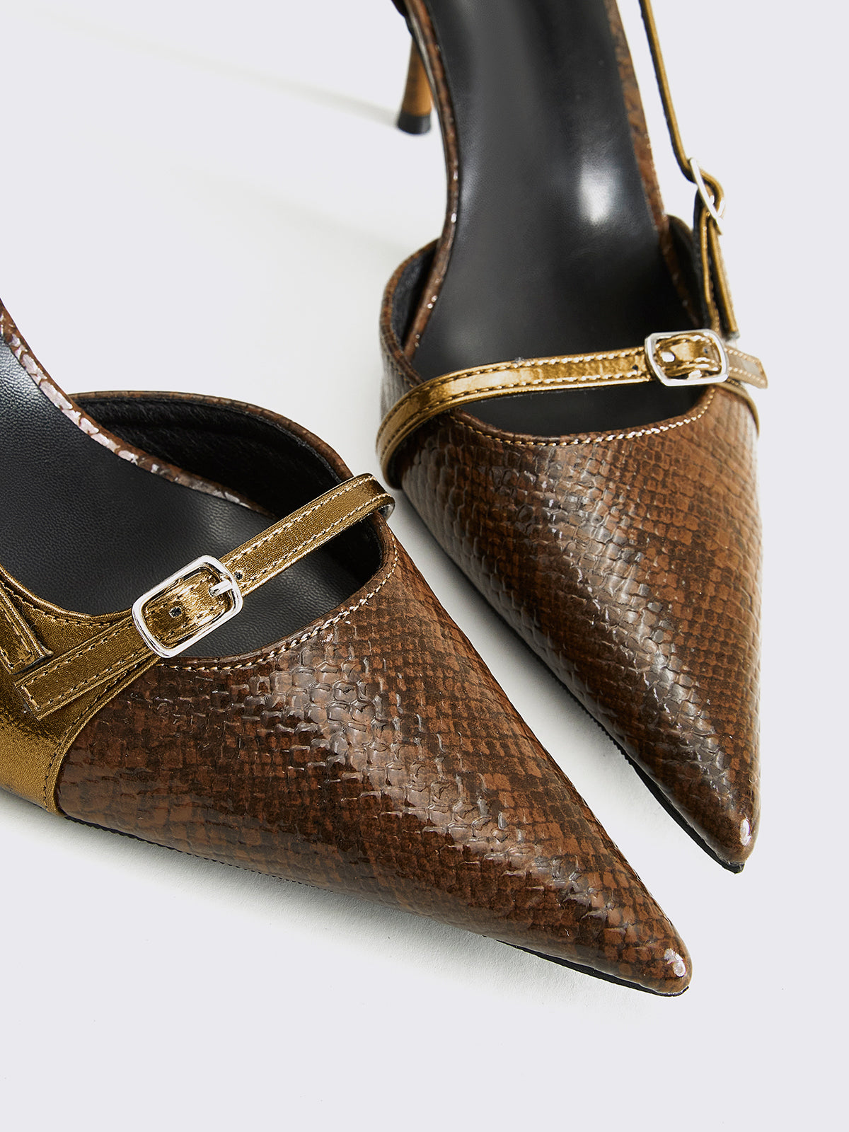 Snakeskin Printed Buckle Pumps-Massicos