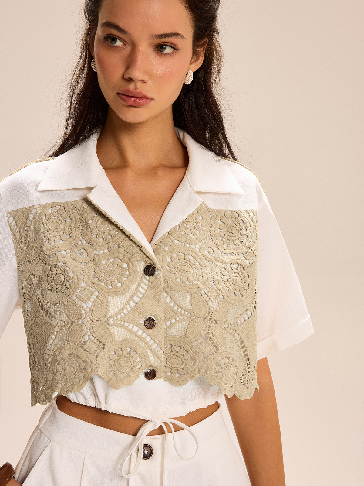 Lace-paneled Cropped Shirt Shorts Set-Mesadic