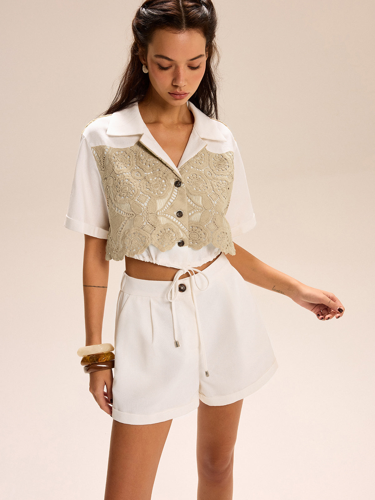 Lace-paneled Cropped Shirt Shorts Set-Mesadic