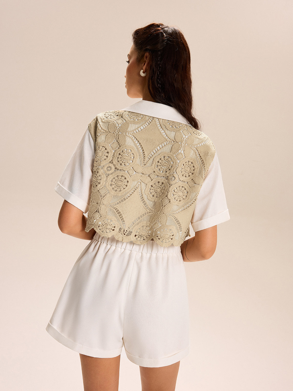 Lace-paneled Cropped Shirt Shorts Set-Mesadic