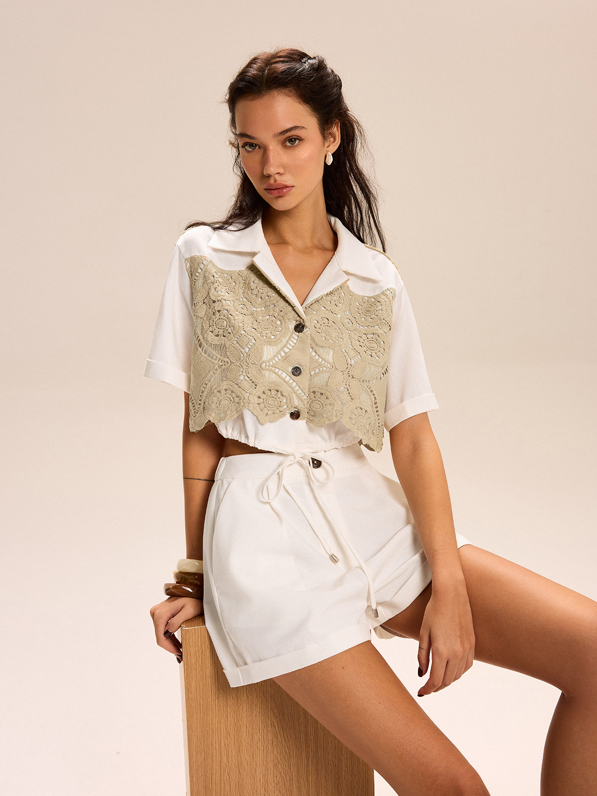 Lace-paneled Cropped Shirt Shorts Set-Mesadic