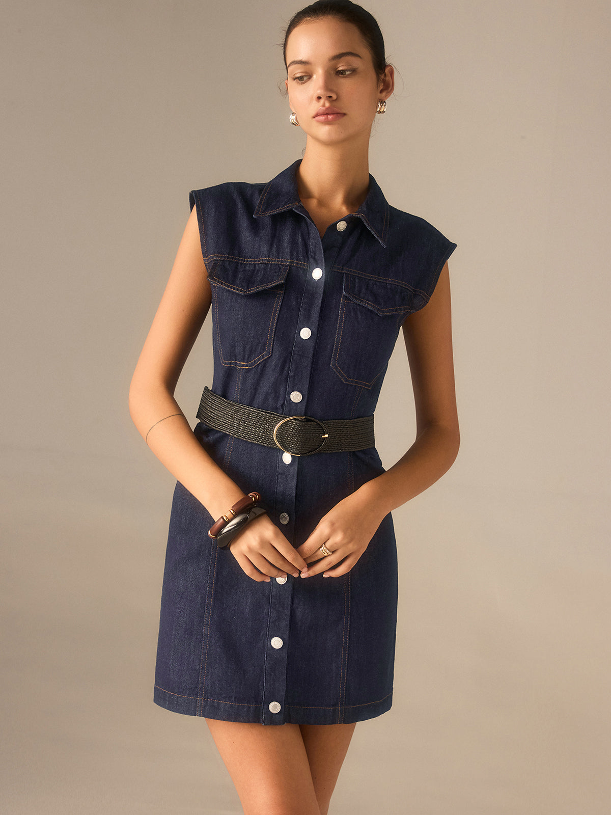 Denim Button-Front Collared Sleeveless Dress Without Belted-Mesadic
