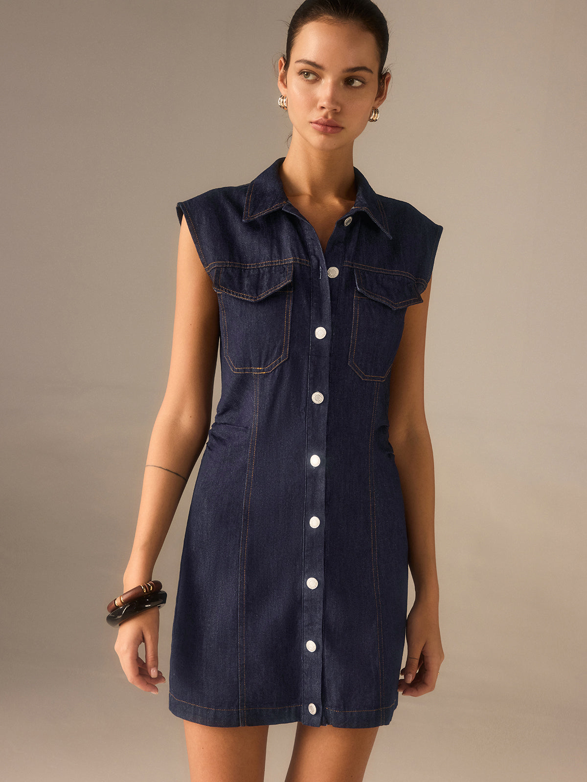 Denim Button-Front Collared Sleeveless Dress Without Belted-Mesadic
