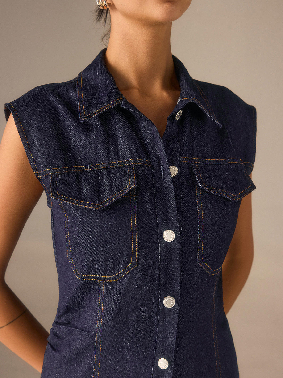 Denim Button-Front Collared Sleeveless Dress Without Belted-Mesadic