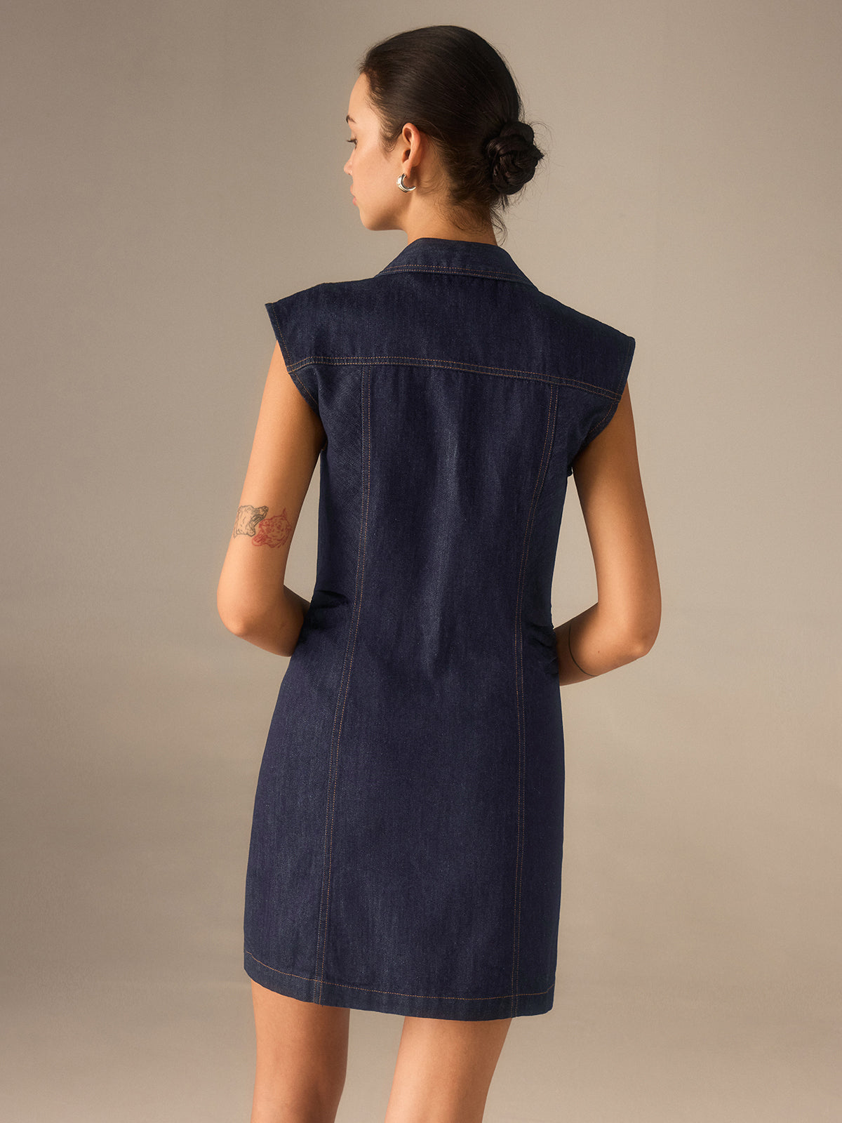 Denim Button-Front Collared Sleeveless Dress Without Belted-Mesadic