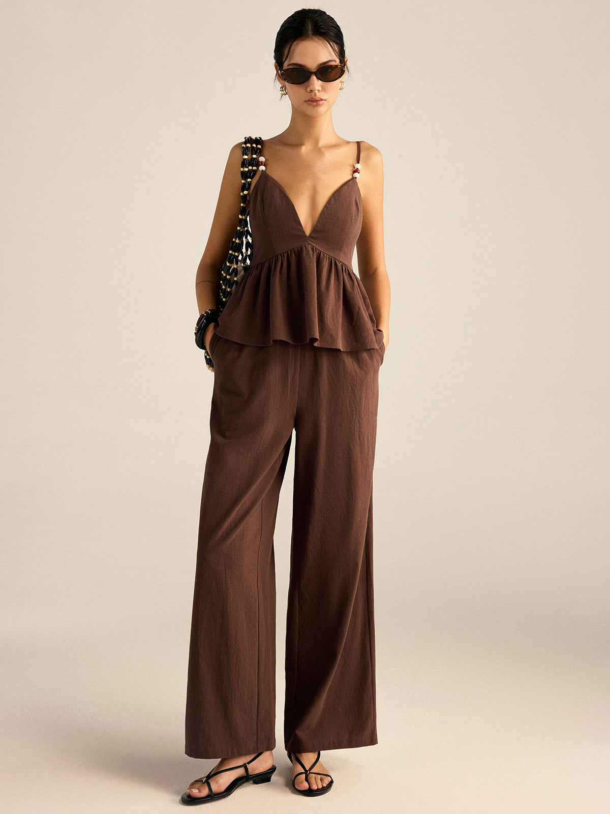 Cotton Peplum Beaded Straps Top and Pants set-Massicos