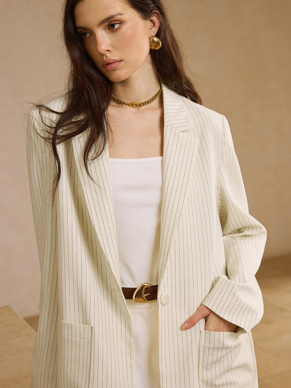 Striped Pocketed Oversized Blazer-Massicos