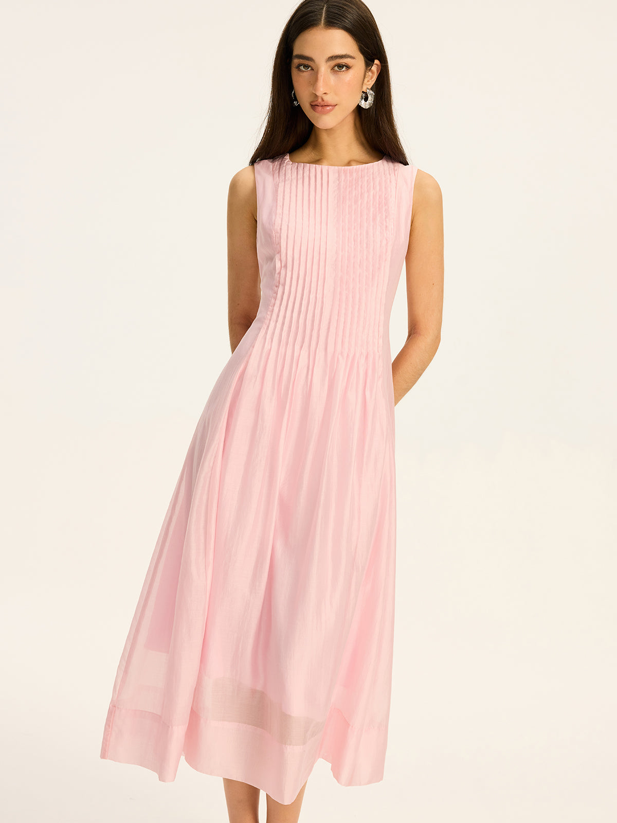 Semi-Sheer Tencel Pleated Sleeveless Midi Dress-Massicos