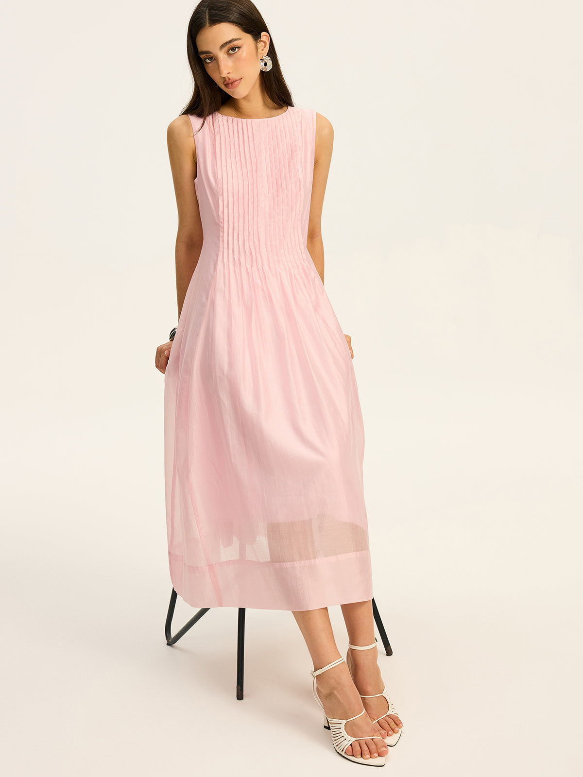 Semi-Sheer Tencel Pleated Sleeveless Midi Dress-Massicos
