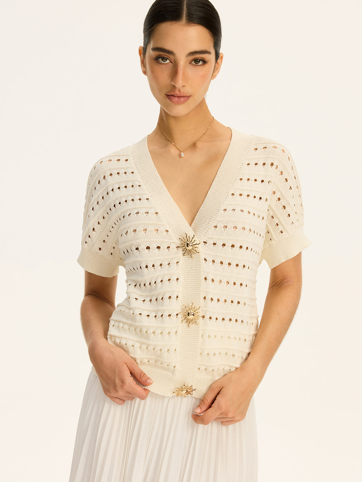 Eyelet Knit Metal Button V-Neck Cardigan-Massicos