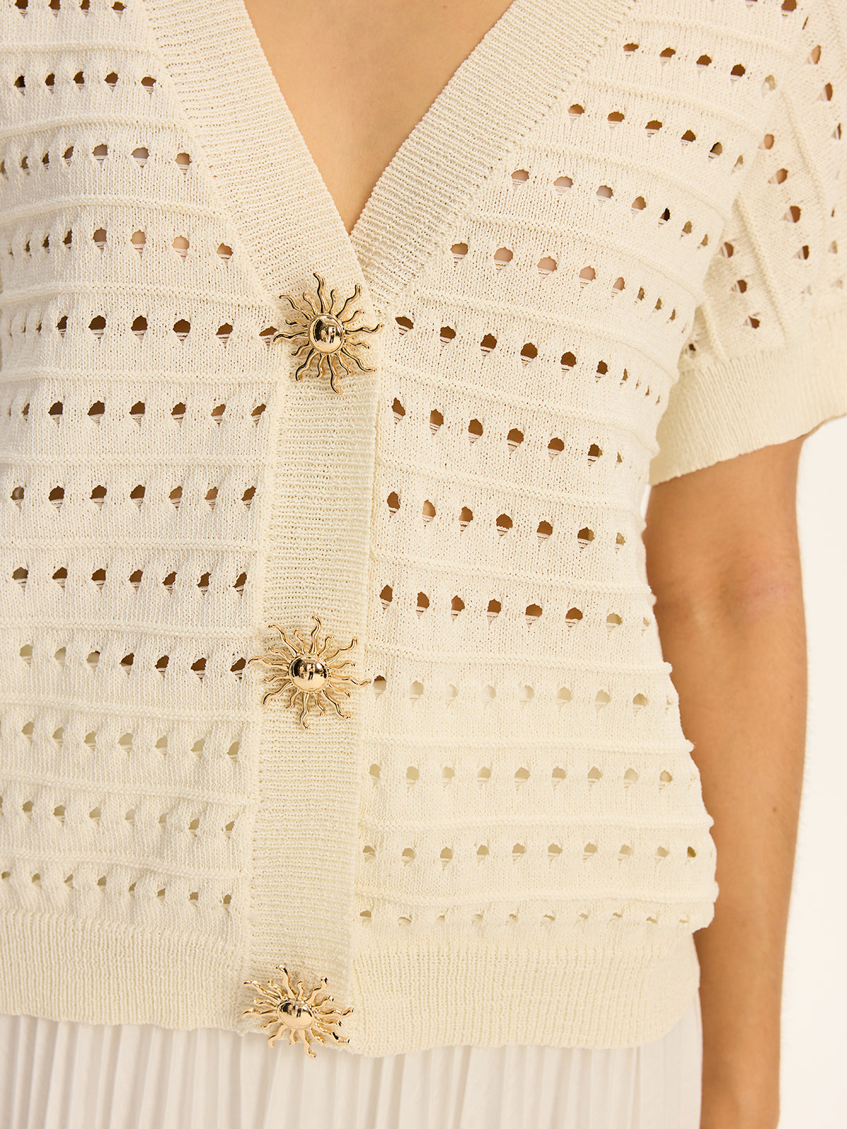 Eyelet Knit Metal Button V-Neck Cardigan-Massicos