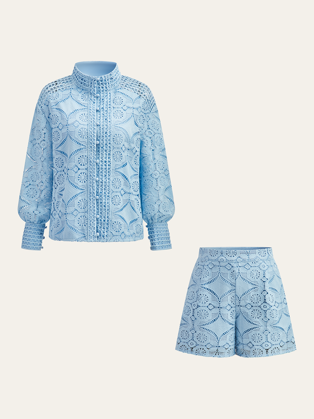 Lace Puff Sleeve Shorts Set Without Belt-Mesadic