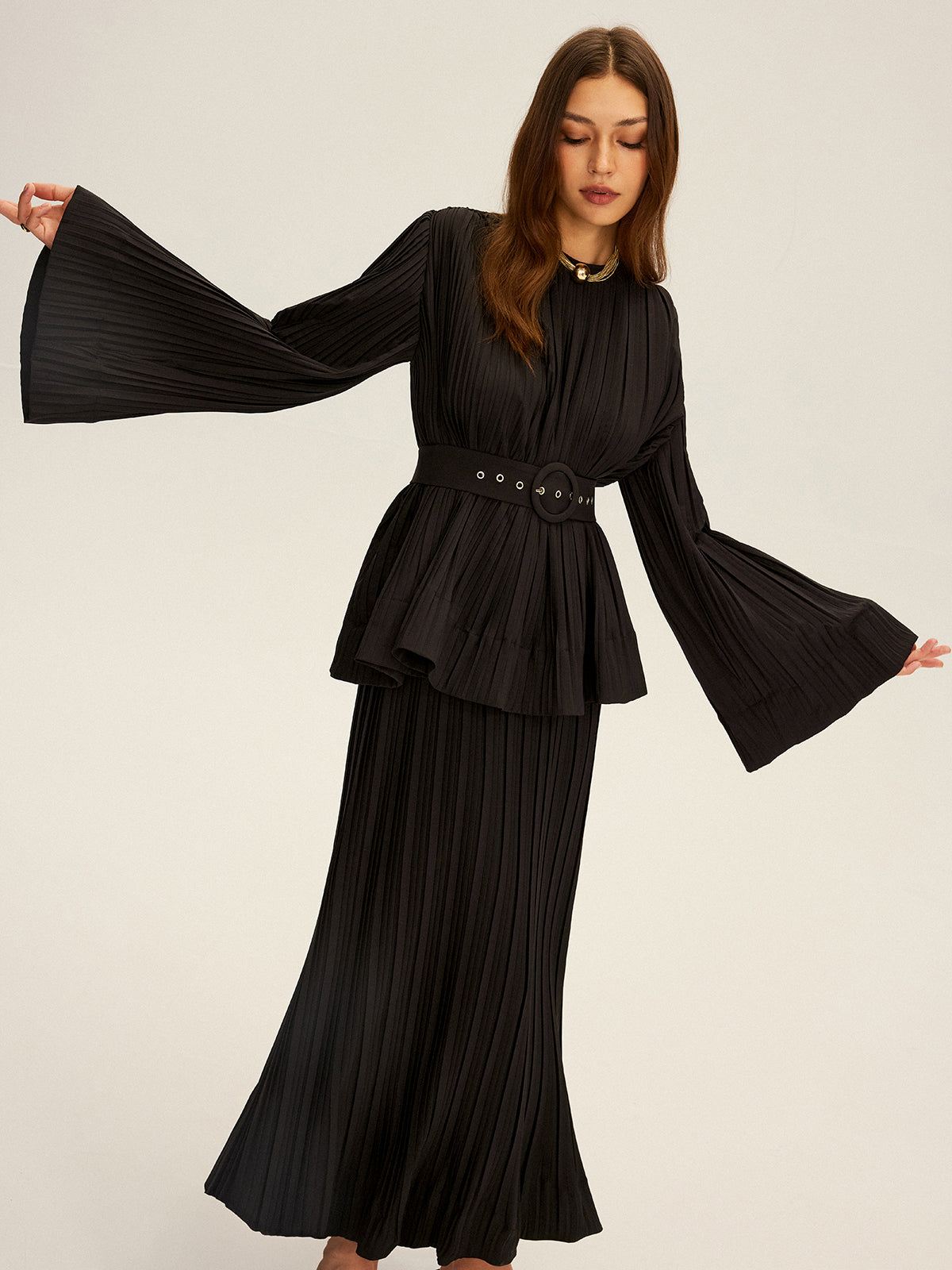 Pleated Bell Sleeve Belted Peplum Blouse-Mesadic
