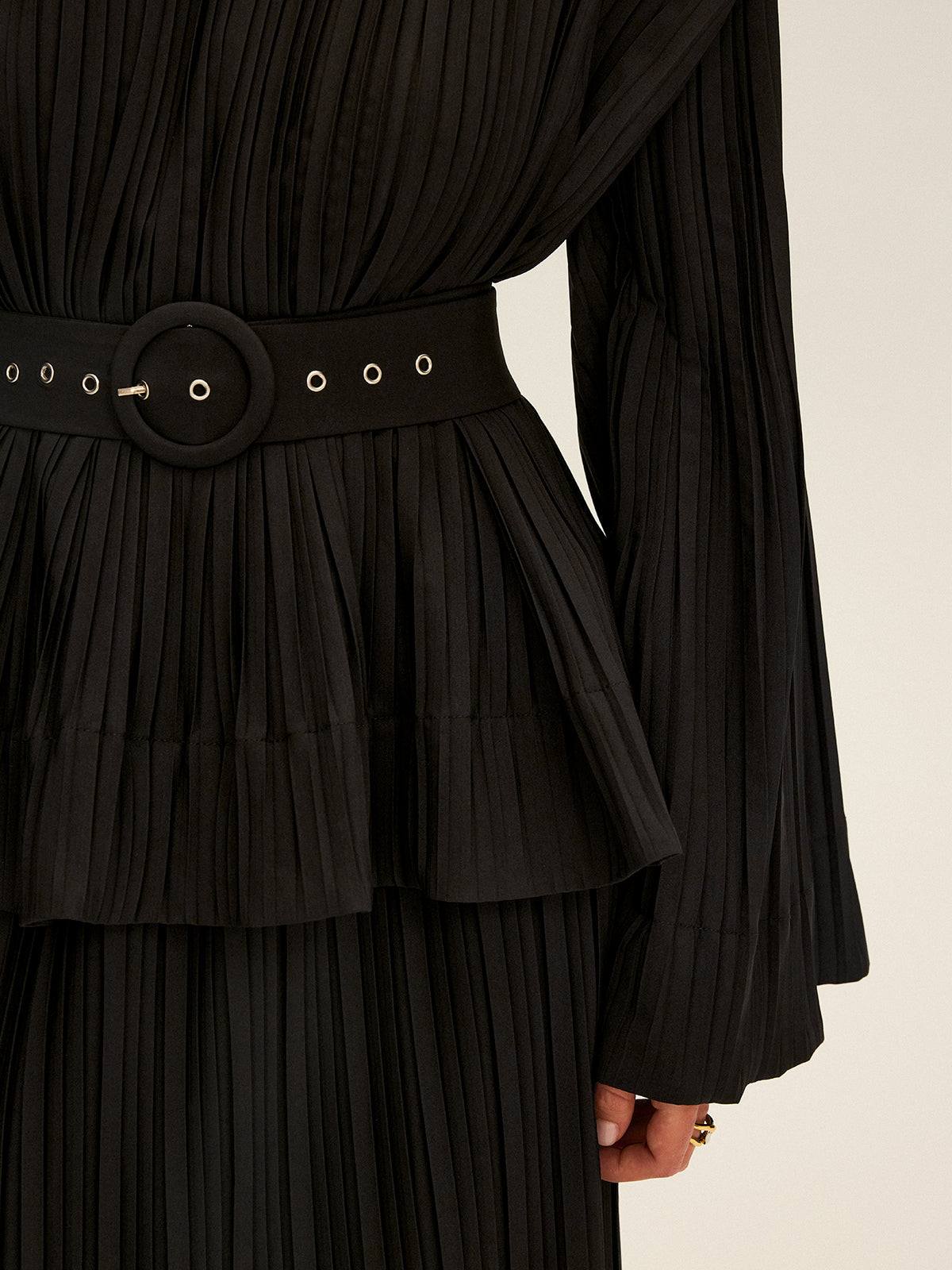 Pleated Bell Sleeve Belted Peplum Blouse-Mesadic