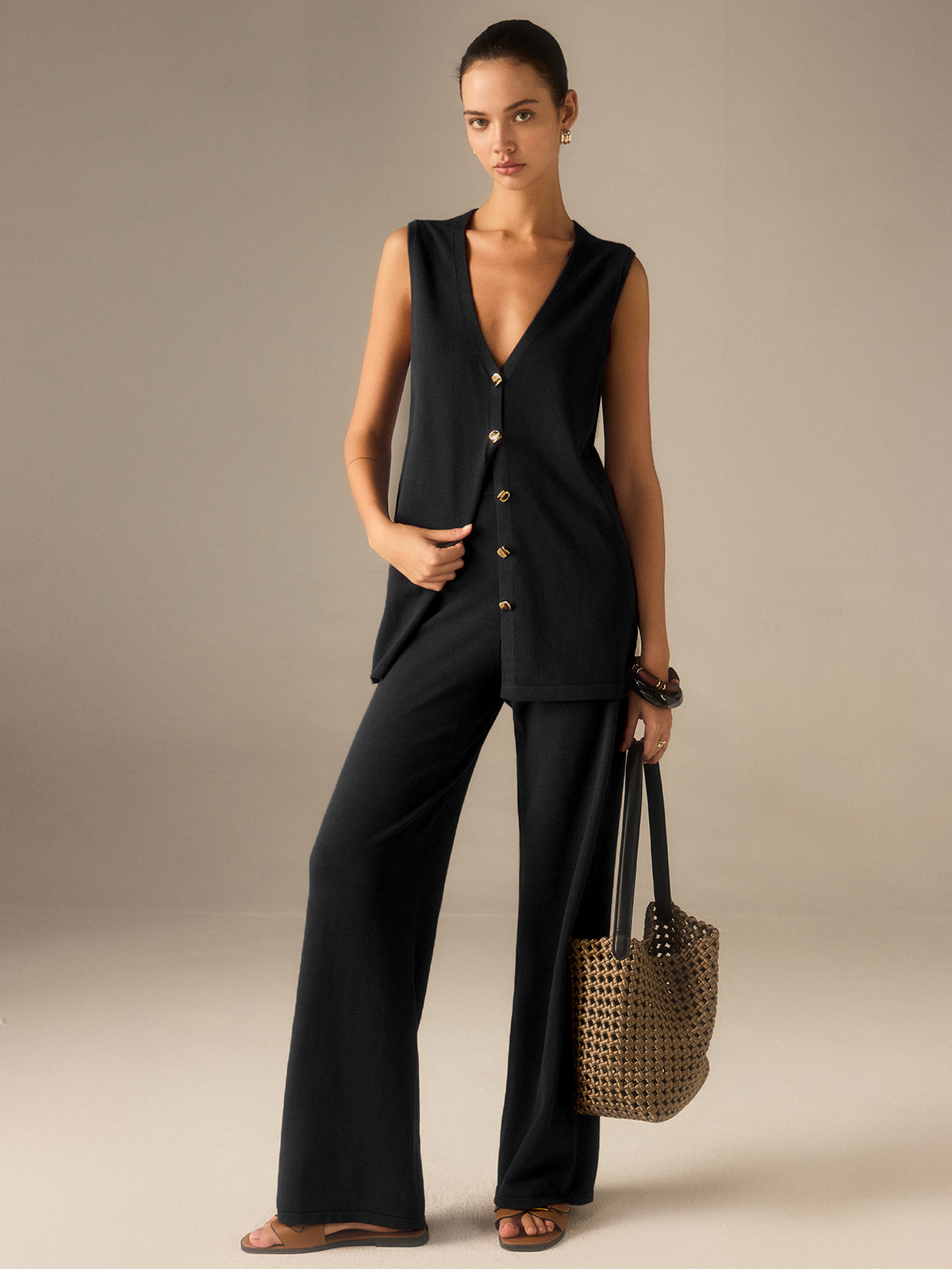 Golden Button Knit Vest Pants Set-Massicos