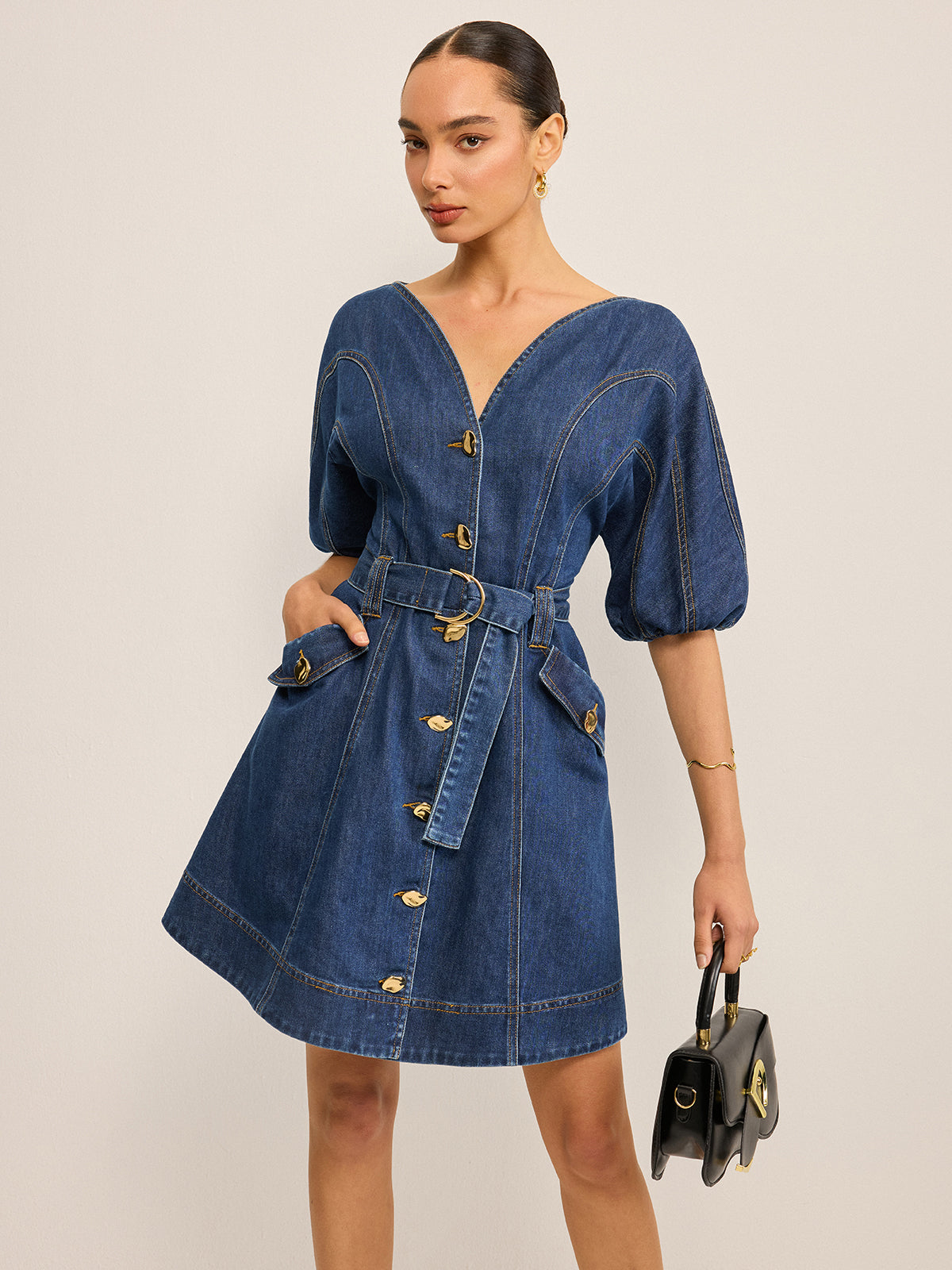 Pocketed Belted Denim Dress-Mesadic