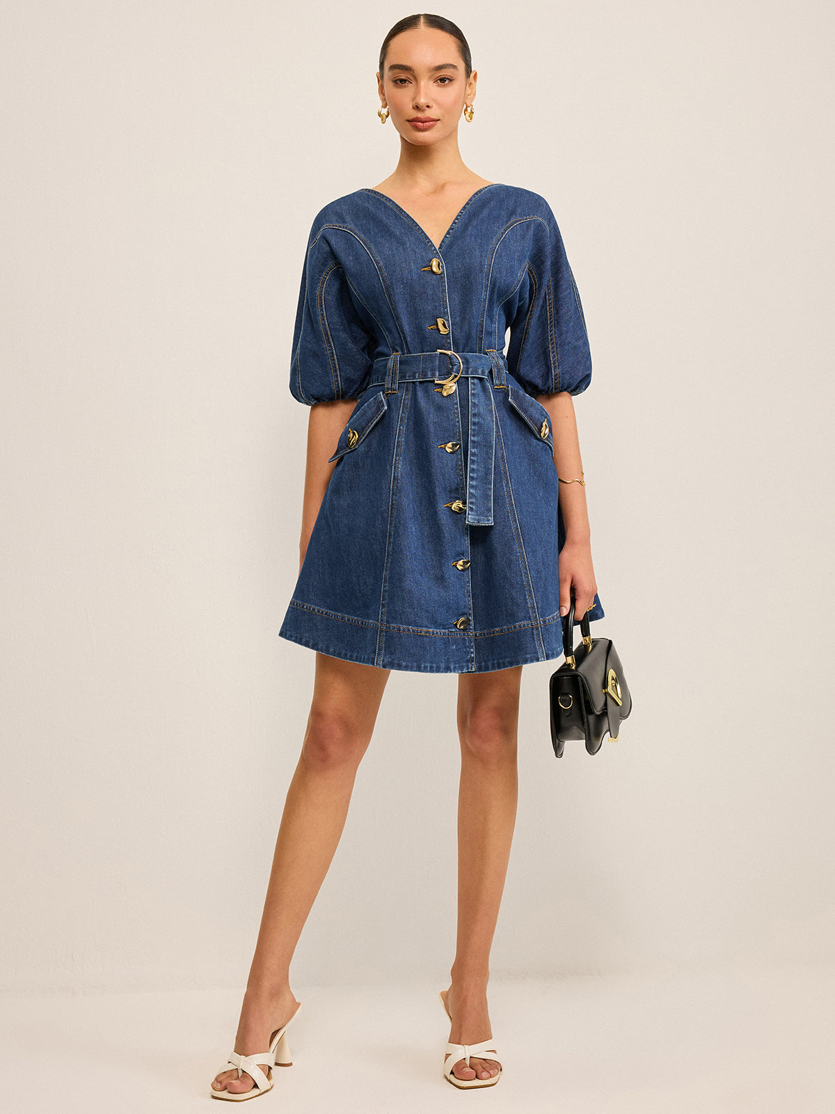 Pocketed Belted Denim Dress-Mesadic