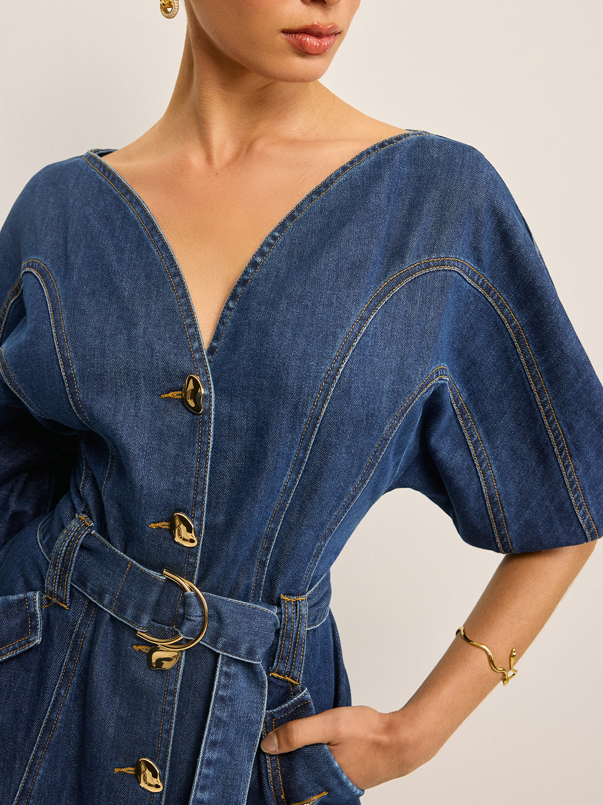 Pocketed Belted Denim Dress-Mesadic