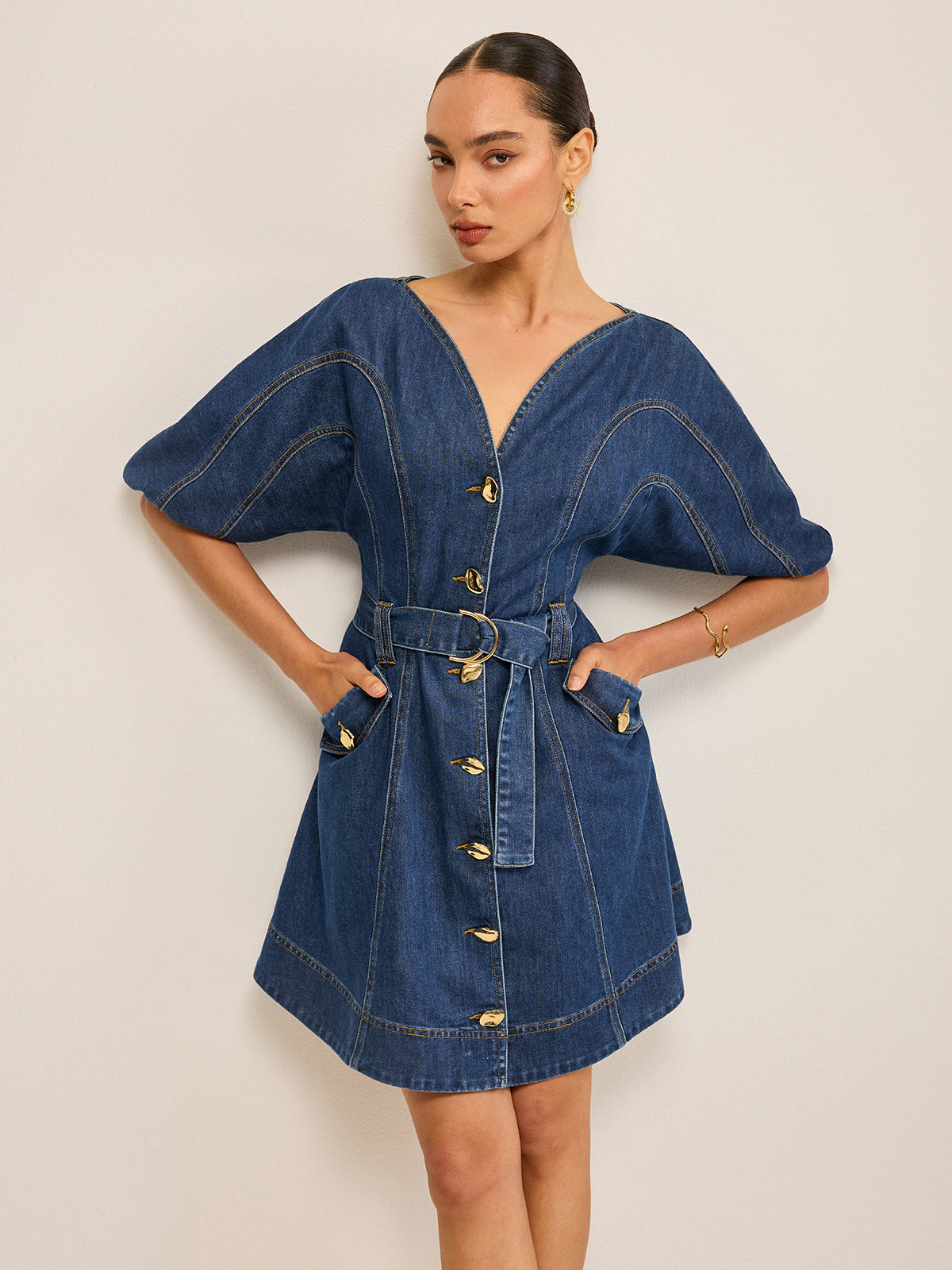 Pocketed Belted Denim Dress-Mesadic