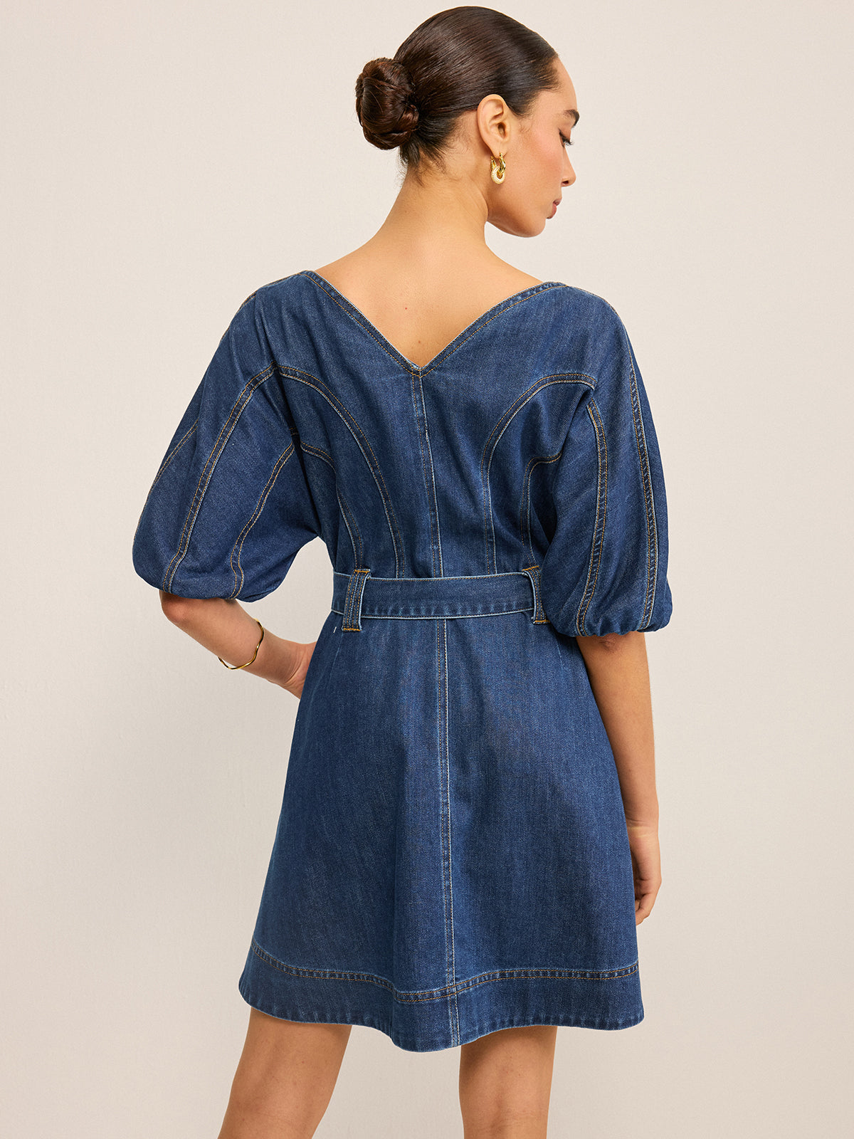 Pocketed Belted Denim Dress-Mesadic