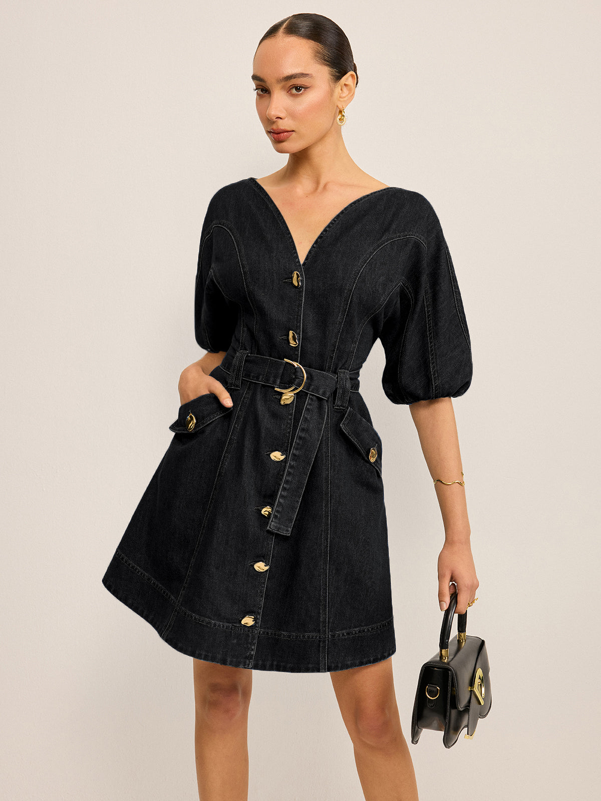 Pocketed Belted Denim Dress-Mesadic
