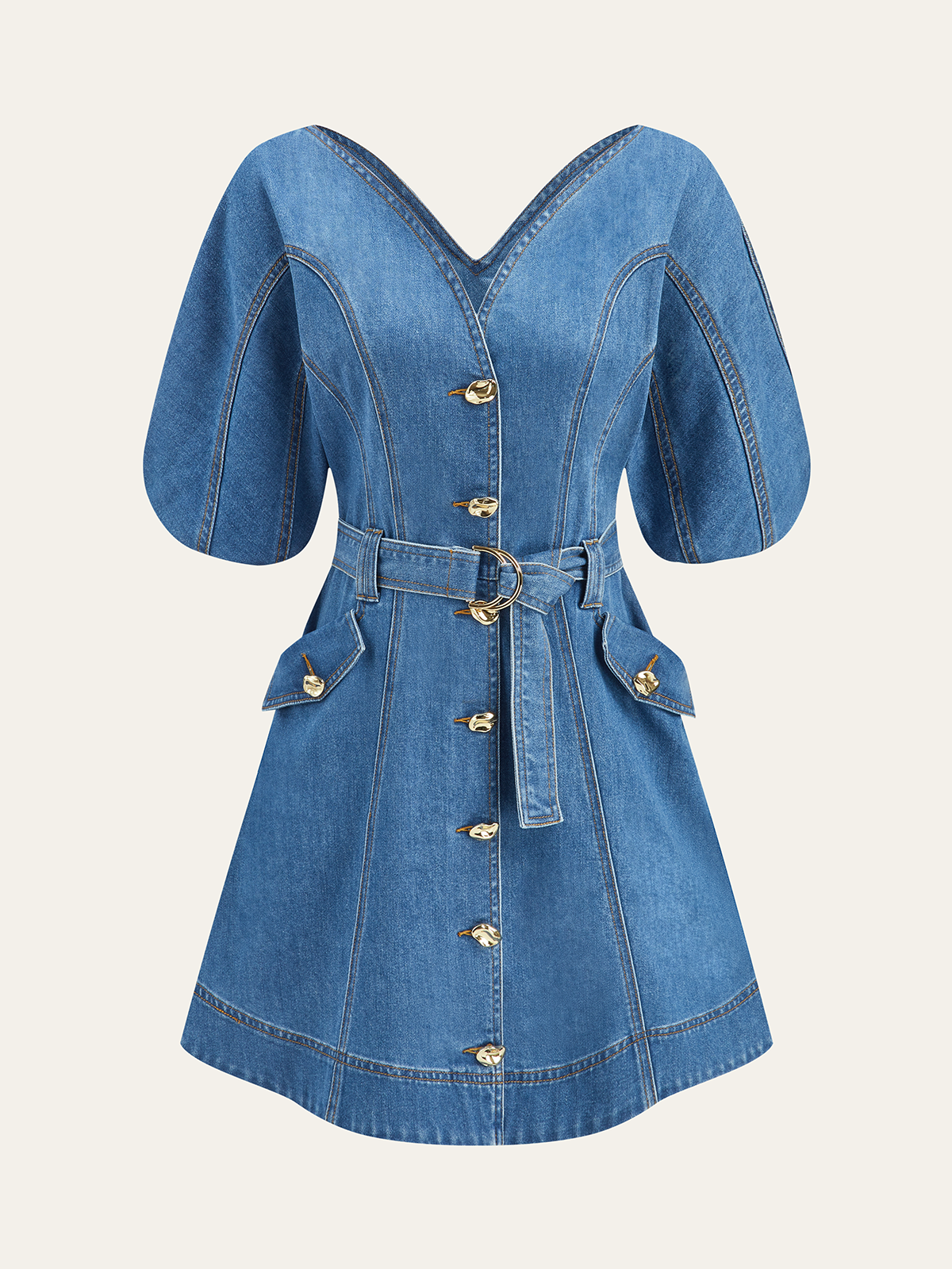 Pocketed Belted Denim Dress-Mesadic