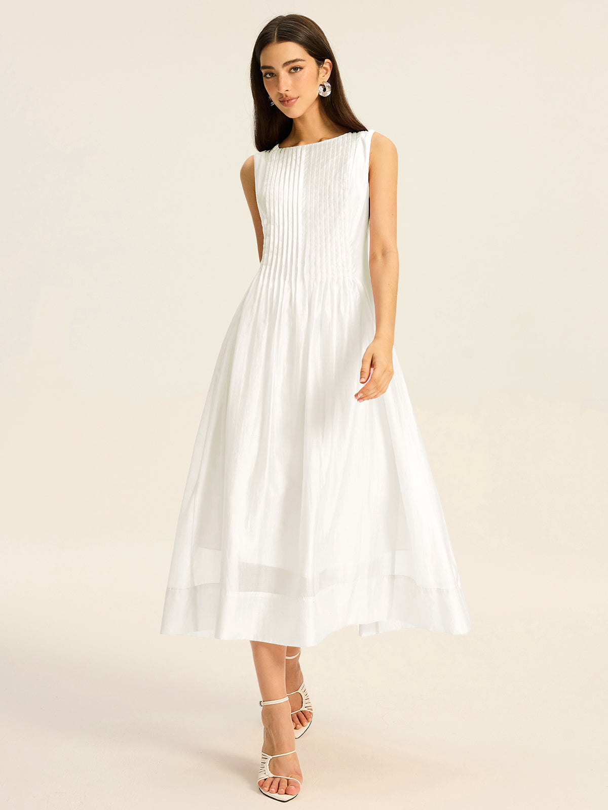 Semi-Sheer Tencel Pleated Sleeveless Midi Dress-Massicos