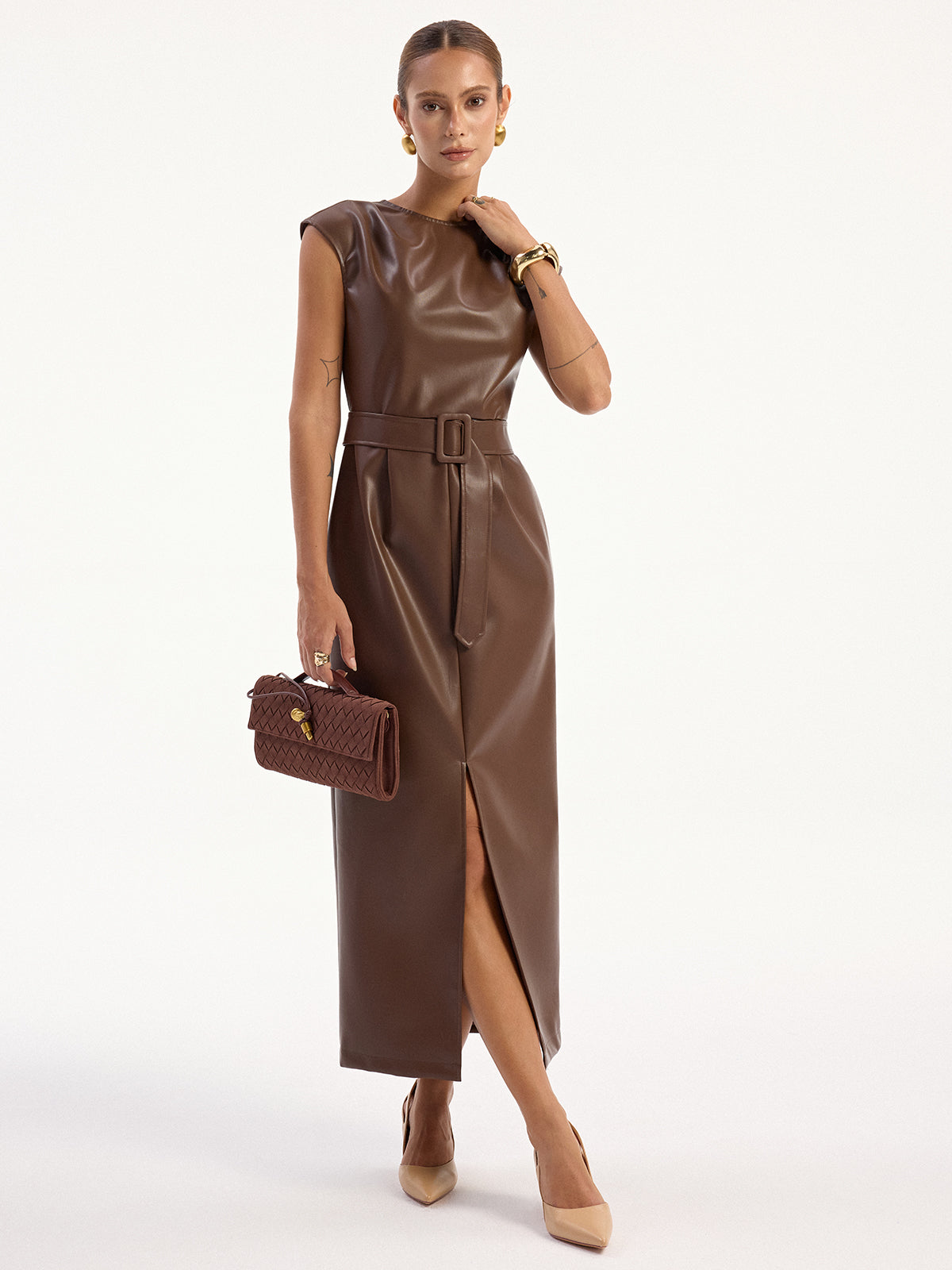 PU Leather Sleeveless Belted Midi Dress-Mesadic