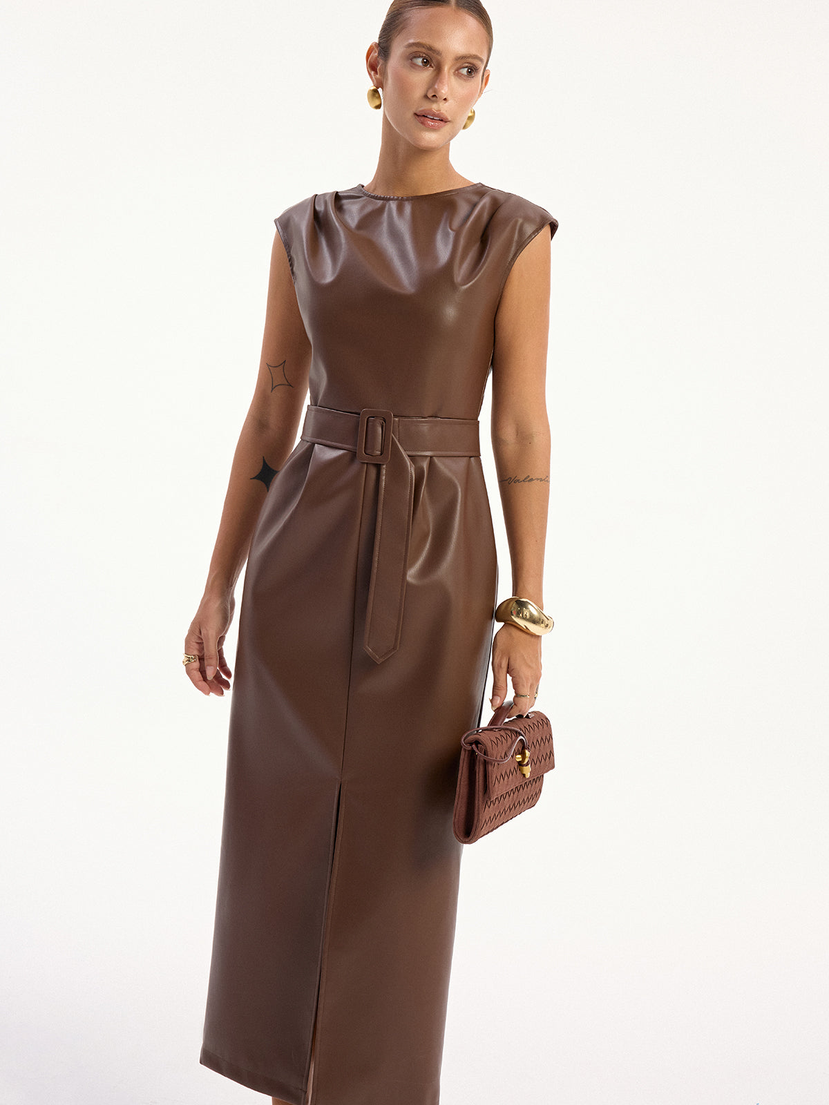 PU Leather Sleeveless Belted Midi Dress-Mesadic