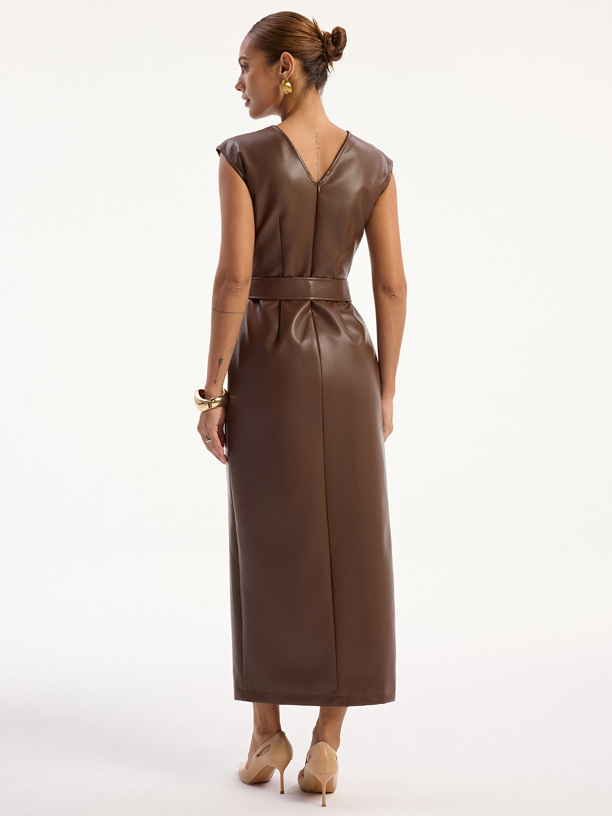 PU Leather Sleeveless Belted Midi Dress-Mesadic