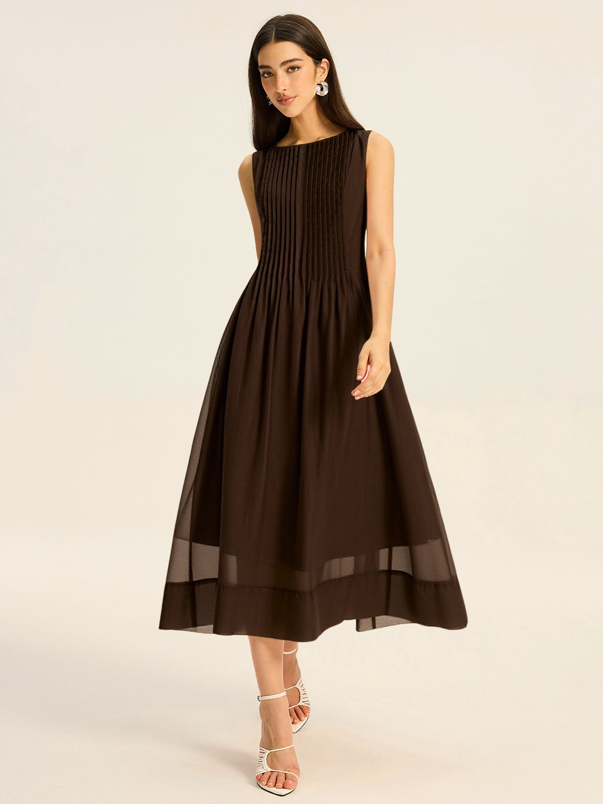 Semi-Sheer Tencel Pleated Sleeveless Midi Dress-Massicos