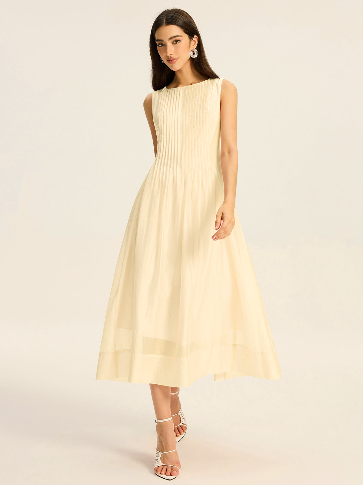 Semi-Sheer Tencel Pleated Sleeveless Midi Dress-Massicos