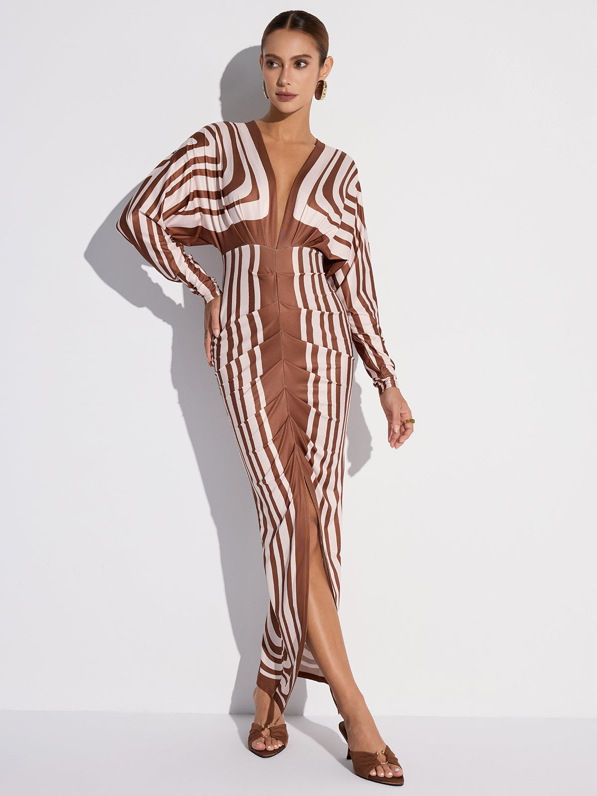 Striped Plunge Neck Slit Midi Dress without Belt-Mesadic
