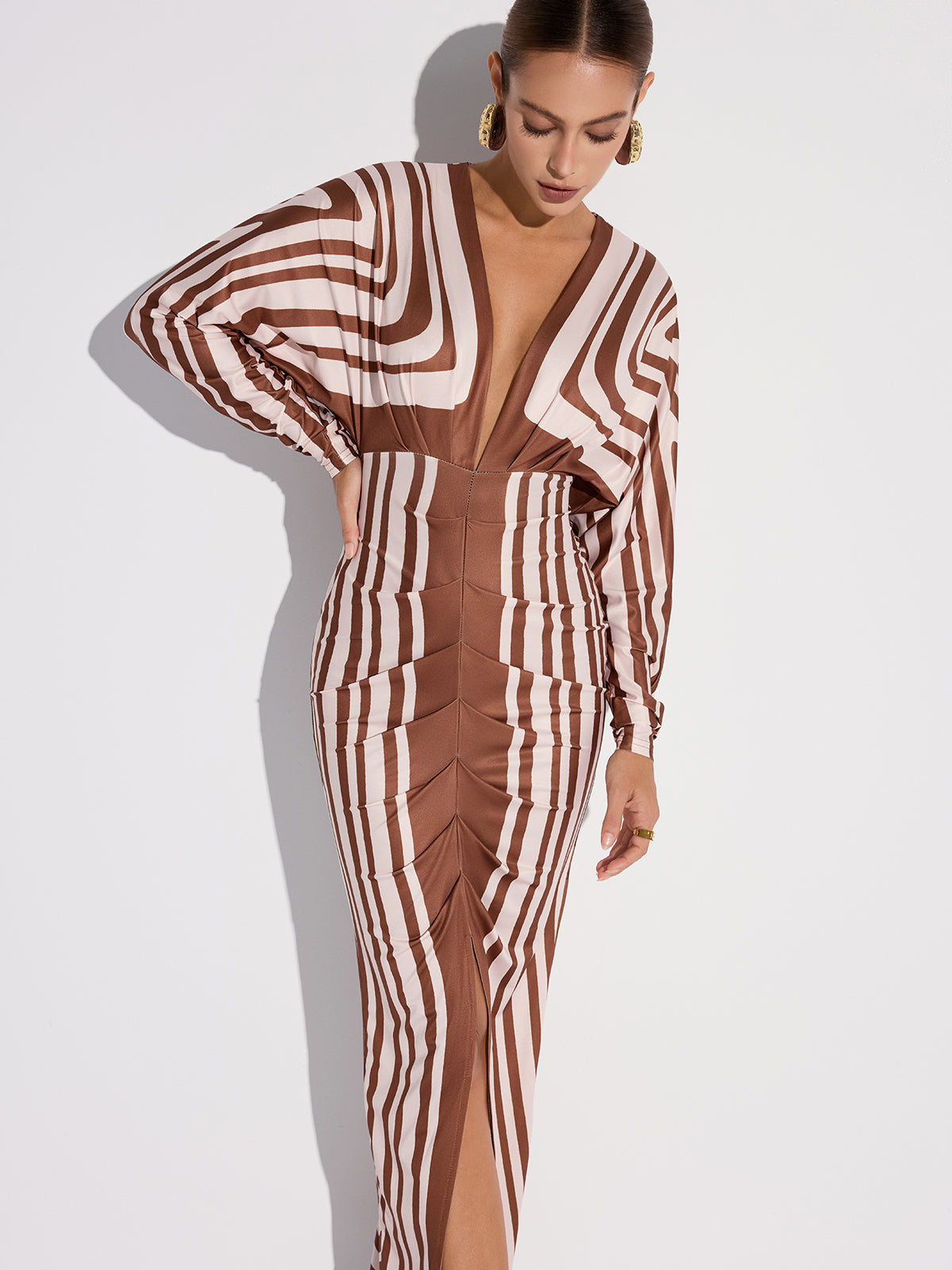 Striped Plunge Neck Slit Midi Dress without Belt-Mesadic