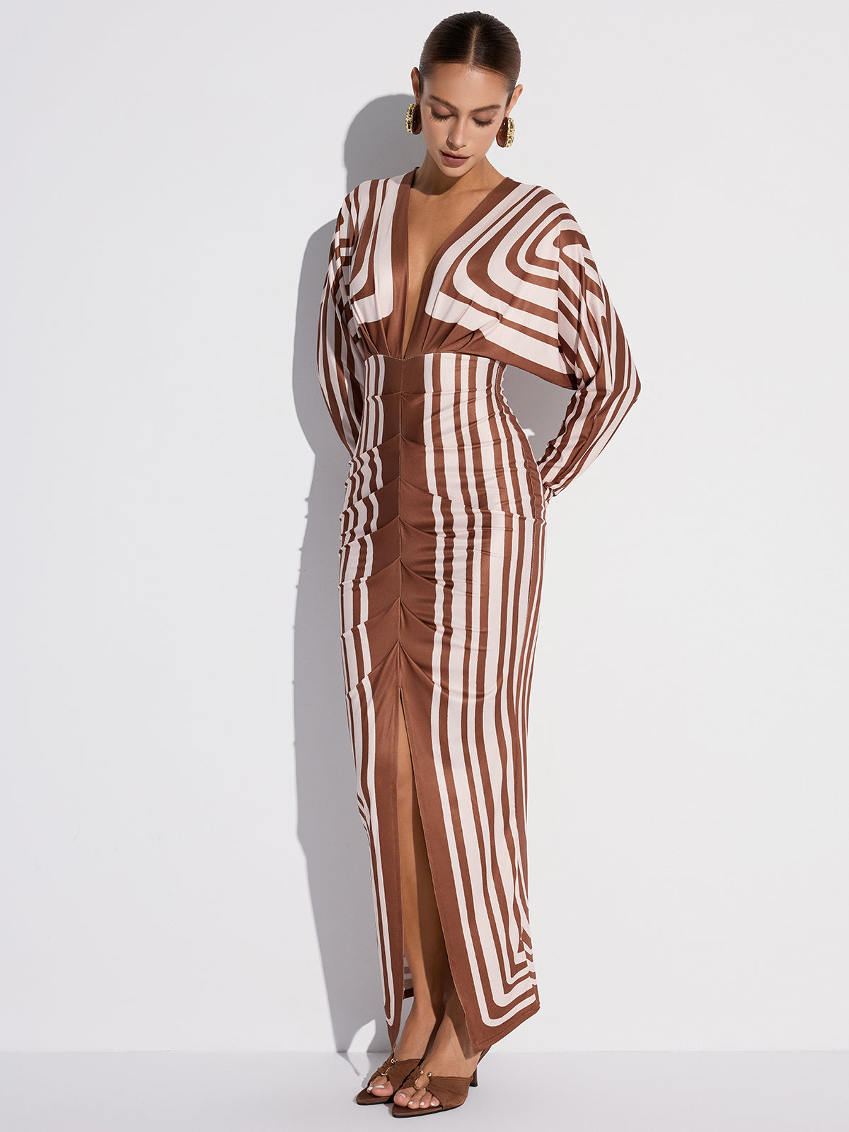 Striped Plunge Neck Slit Midi Dress without Belt-Mesadic