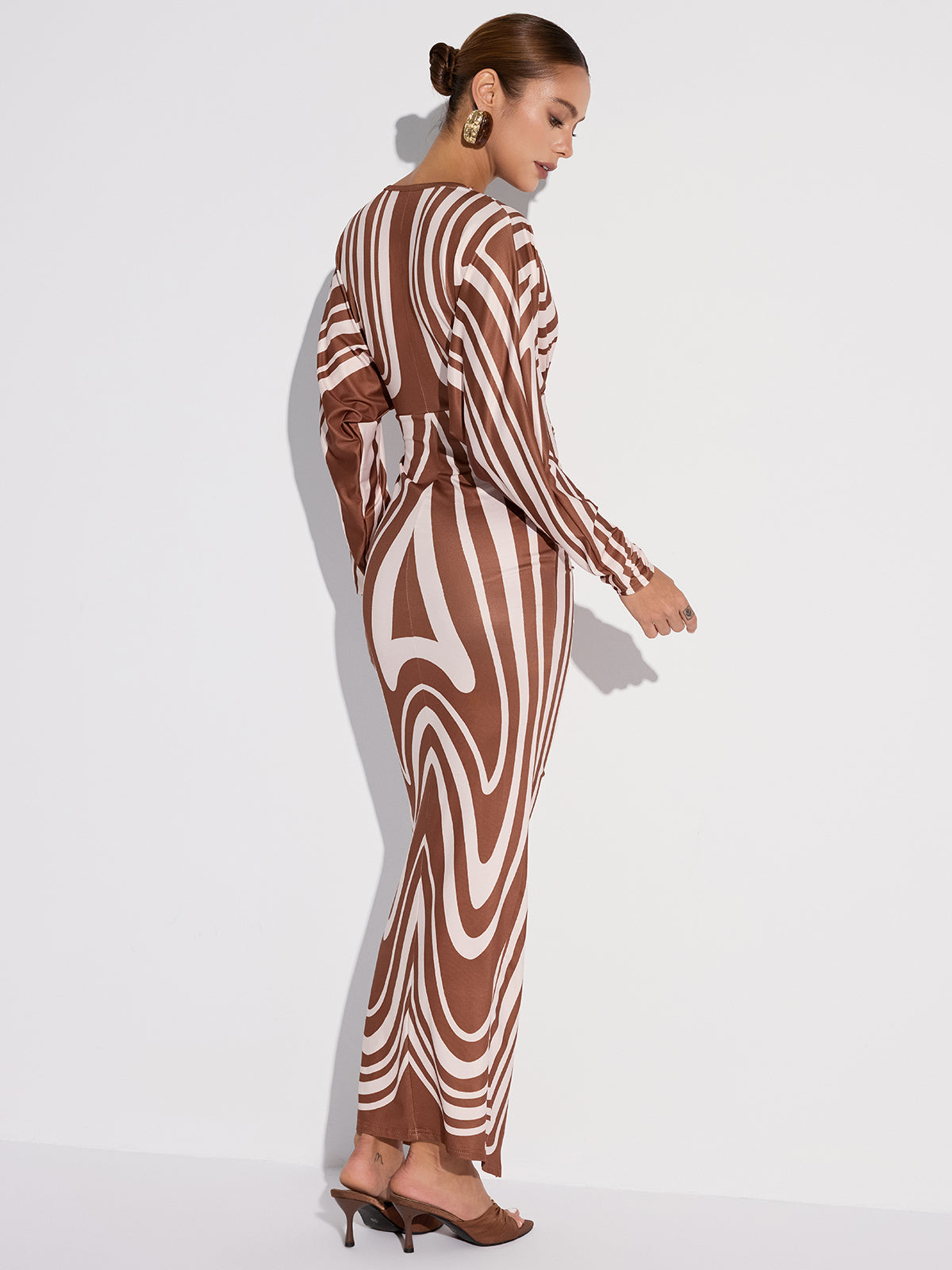 Striped Plunge Neck Slit Midi Dress without Belt-Mesadic