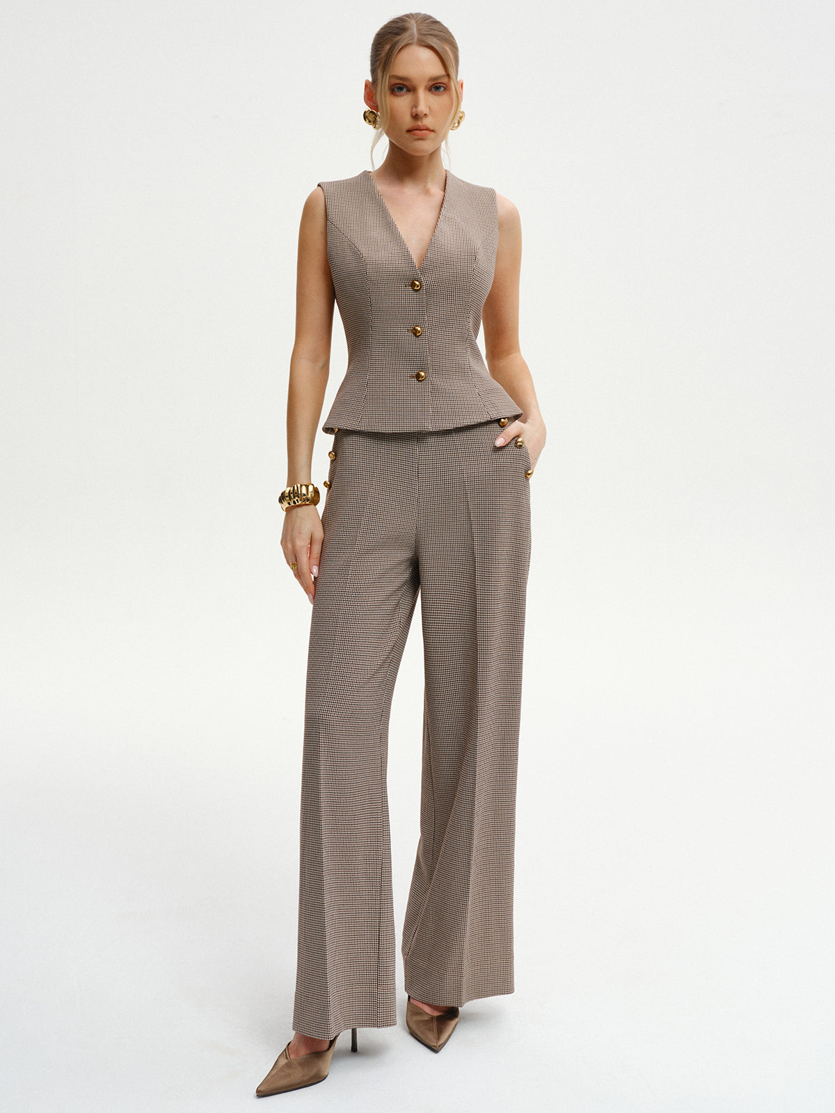 Houndstooth V-Neck Button Vest-Massicos