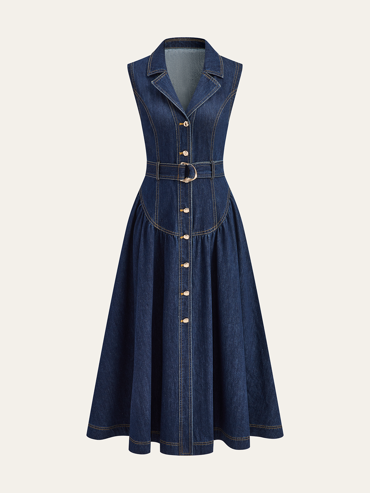 Metal Detail Denim Button-Front Belted Dress-Mesadic