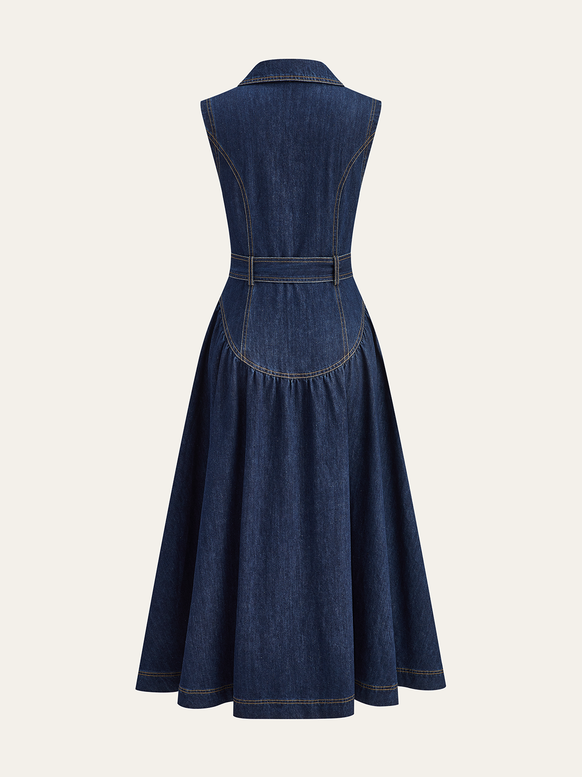 Metal Detail Denim Button-Front Belted Dress-Mesadic